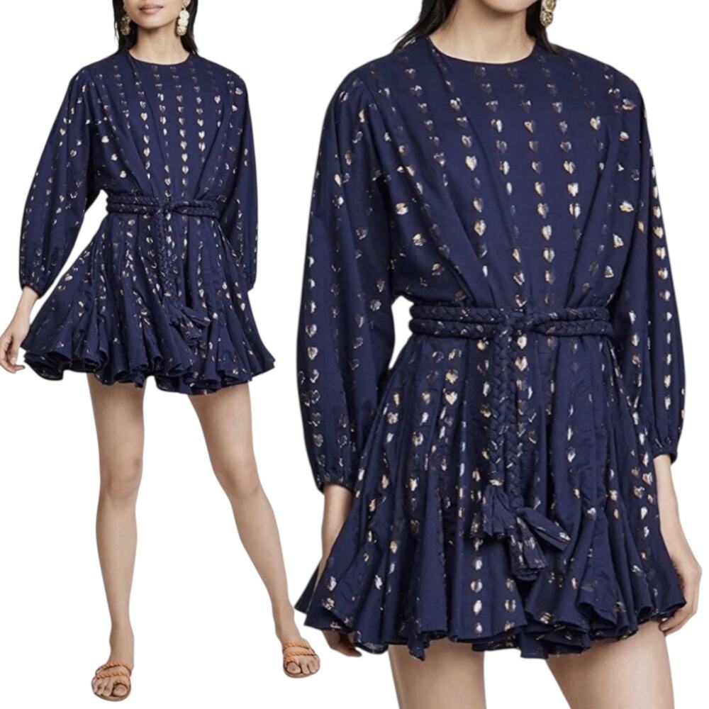 Rhode Navy Blue Ella Metallic Heart Jacquard Cotton Belted Mini Dress Size M